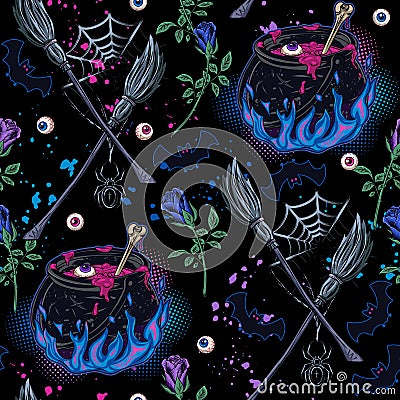 Halloween pattern with witchy cauldron with potion, fire, bone, broom, halftone, roses, spider, bat, spiderweb, eyes Vector Illustration