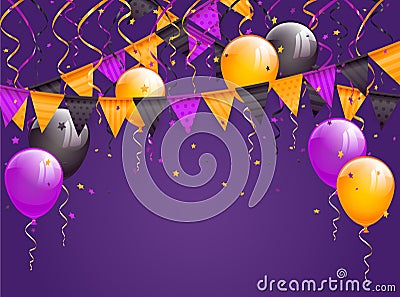 Halloween pennants and balloons on violet background Vector Illustration