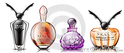 Halloween perfume set Vector realistic. Product placement mock up bottles. Original stylish collection 3d illustrations Vector Illustration