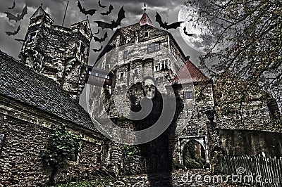 Halloween picture with castle. Cartoon Illustration