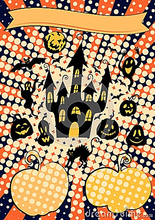 Halloween pop art poster template: spooky haunted castle on the hill, bats, pumpkin jack lanterns, black cat and moon Stock Photo