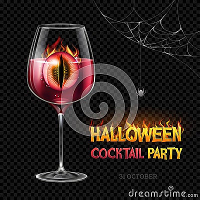 Halloween posion with burning eye. Halloween cocktail party poster. Realistic wine glass isolated on transperent background Vector Illustration