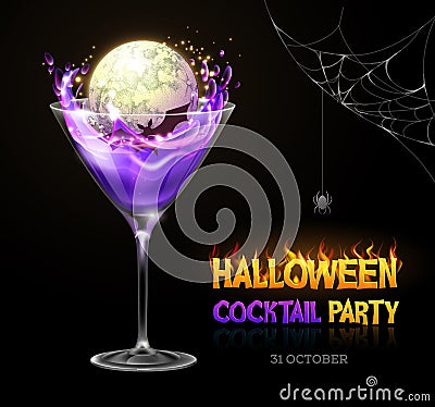 Halloween posion with full moon. Halloween cocktail party poster. Realistic cocktail glass isolated on transperent background Vector Illustration