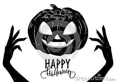 Halloween postcard with creepy hands, scary pumpkin and calligraphy text, vector illustration Vector Illustration