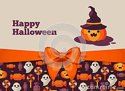 Halloween Postcard with Pumpkin in Witch Hat Vector Illustration