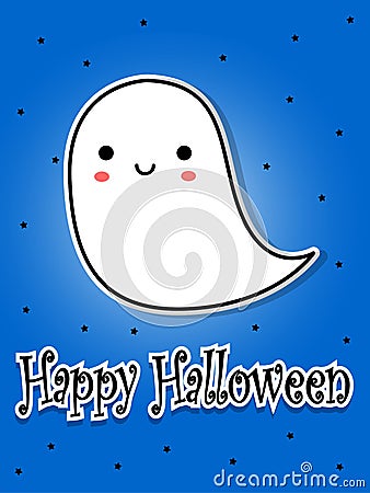 Halloween postcard. Smiling cute ghost. Cartoon flat vector illustration Vector Illustration