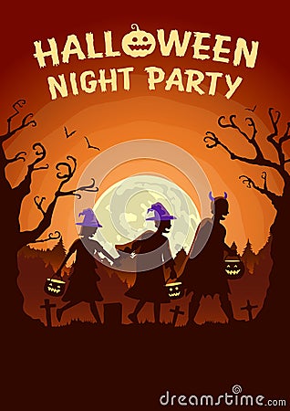 Halloween poster with Children group wearing fancy clothes and hat as witch carrying a pot to solicit gifts at night. Vector Illustration