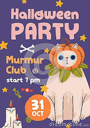 Halloween poster design for cats October party. Vertical promotion flyer template with cute funny kitty, pumpkin Vector Illustration