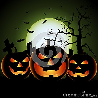 Halloween poster with three scary pumpkins in background Vector Illustration