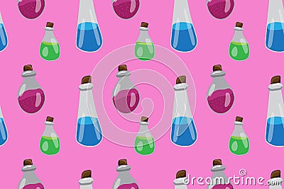 Halloween potions in jars on a pink background pattern Vector Illustration