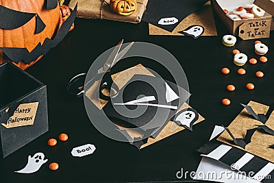 Halloween preparation. Halloween decoration made of craft paper Stock Photo