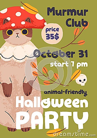 Halloween promotion card, poster design with cute funny cat. Inviting flyer template for pet-friendly party. Vertical Vector Illustration