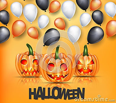 Halloween promotion design page with orange pumpkins and helium balloons. Vector Illustration