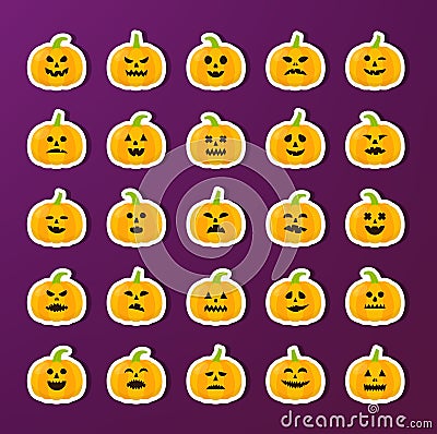 Halloween Pumkin stickers with different emotions set. Stock Photo