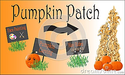 Pumpkin patch Halloween festival with signs to events Cartoon Illustration