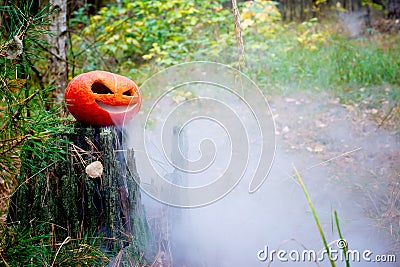 Halloween pumpkin in the autumn forest on an old stump. Jack lantern with steam from the mouth. In smoke or fog. Vaping vegetable Stock Photo