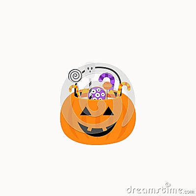 Halloween. Pumpkin Basket with candies. Candy and sweet basket. Vector Vector Illustration