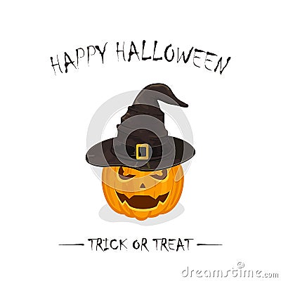 Halloween pumpkin in black witch hat Vector Illustration