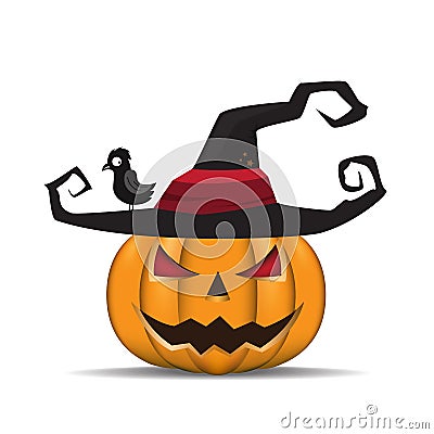 Halloween pumpkin with black witches hat. Vector Illustration