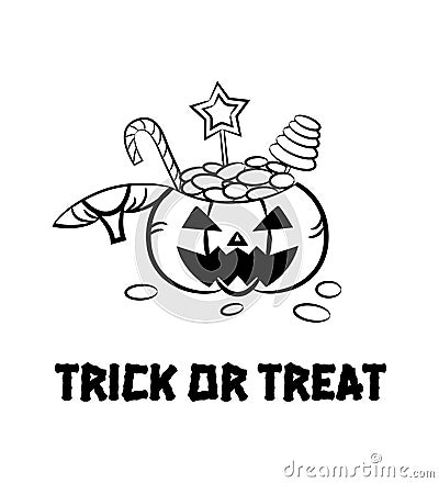 Halloween Pumpkin Bucket with Candy, sweets and lollipops. Outline icon Vector Illustration