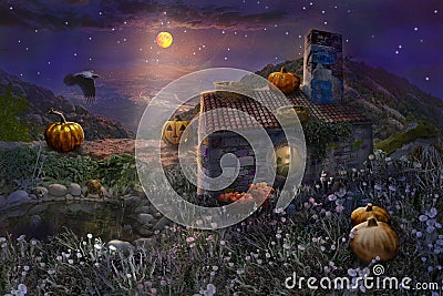 Halloween pumpkin with burning candles, fairy stone house with nests on roof in magic dark forest of starry night with bright moon Stock Photo