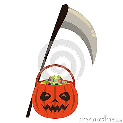 Halloween pumpkin with candies and scythe death Vector Illustration