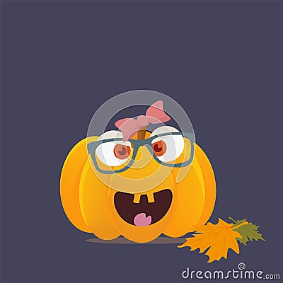 Halloween pumpkin character or mascot with happy girl face. Vector Illustration