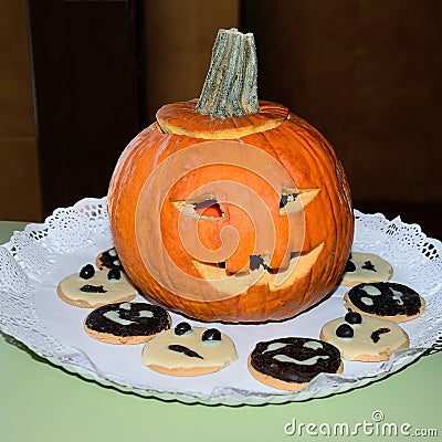Halloween pumpkin and cookies Stock Photo