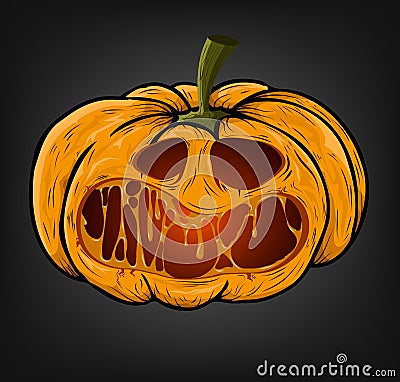 Halloween pumpkin with a creepy face on a dark background. Vector Illustration