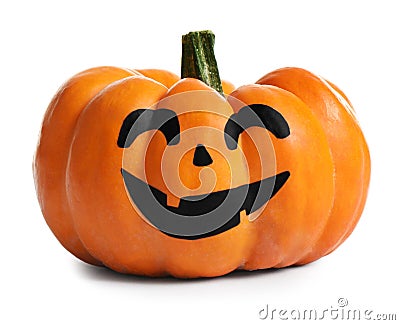 Halloween pumpkin with cute drawn face on white Stock Photo