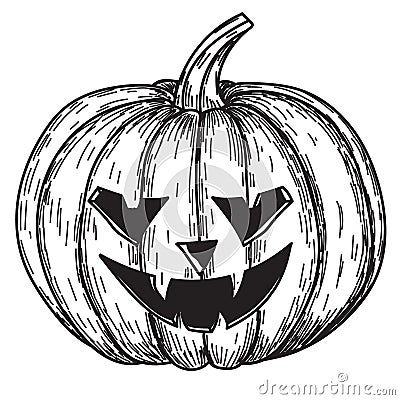 Halloween pumpkin with evil scary smile in funny hand drawing doodle sketch style. Vector Illustration