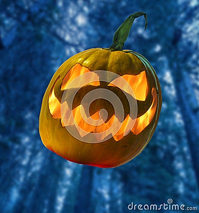 Halloween pumpkin with flame inside on abstract blurred background Stock Photo