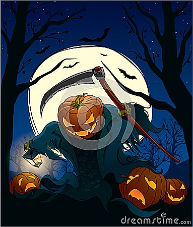 Halloween pumpkin flying over the cemetary with Vector Illustration