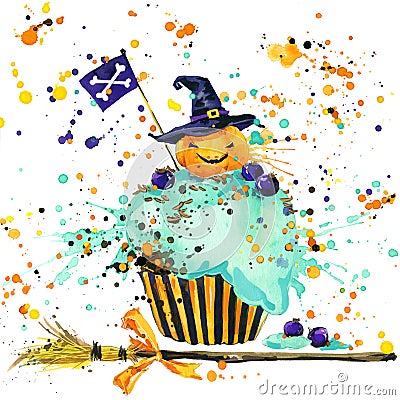 Halloween pumpkin, food and magic witch hat. Watercolor illustration background Cartoon Illustration