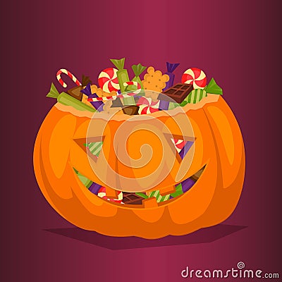 Halloween pumpkin full of candy treats. Vector Illustration