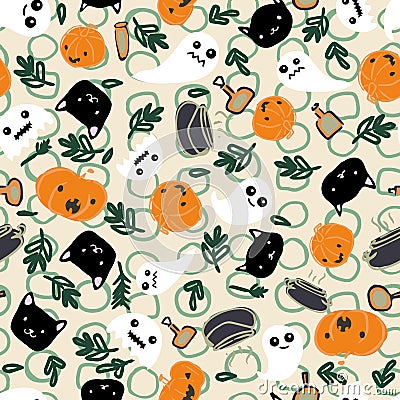 Halloween Pumpkin Ghost Black Cat Cauldron Potion Foliage Seamless Pattern Vector Illustration