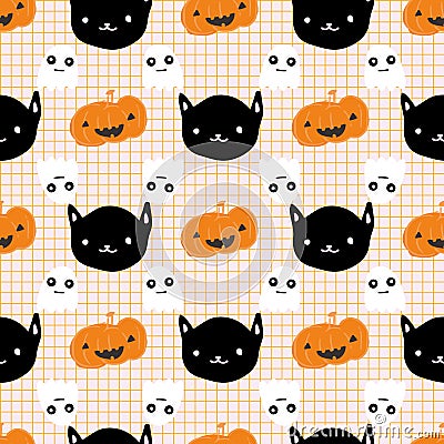 Halloween Pumpkin Ghost Black Cat Check Square Seamless Pattern Vector Illustration