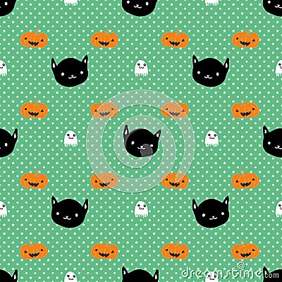 Halloween Pumpkin Ghost Black Cat Star Seamless Pattern Vector Illustration