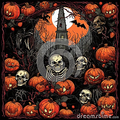 halloween pumpkin and ghosty graveyard in the background with skulls, bats, tombstones Cartoon Illustration