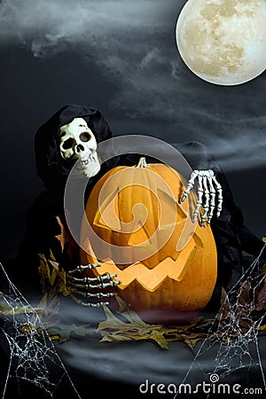 Halloween Pumpkin & Ghoul in Mist Stock Photo