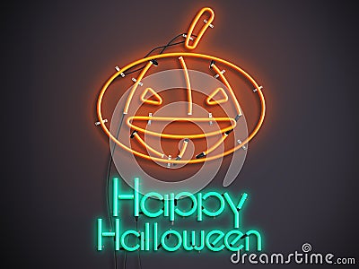 Halloween pumpkin glowing neon 3d illustration on dark background Cartoon Illustration