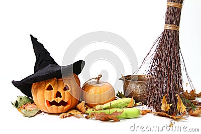 Halloween pumpkin, hat Stock Photo