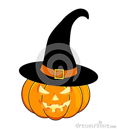 Halloween pumpkin in hat vector illustration, Jack O Lantern on white background. Scary orange picture with eyes and Vector Illustration