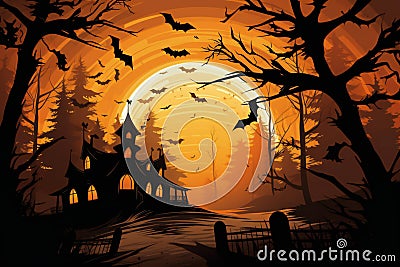 Halloween pumpkin head jack lantern with burning candles, Spooky Forest with a full moon and wooden table, Pumpkins In Graveyard Stock Photo