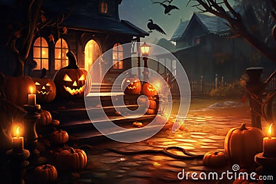 Halloween pumpkin head jack lantern with burning candles, Spooky Forest with a full moon and wooden table, Pumpkins In Graveyard Stock Photo