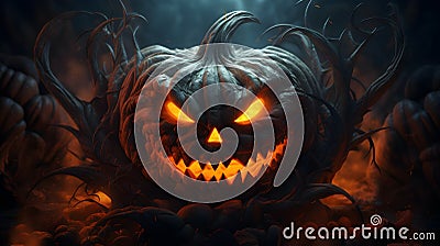 Halloween pumpkin head jack lantern in spooky dark forest at night Stock Photo