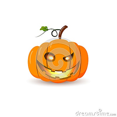 Halloween pumpkin icon 3D. Autumn symbol. Flat design. Halloween scary pumpkin face, smile, candle light, leaf. Orange Vector Illustration