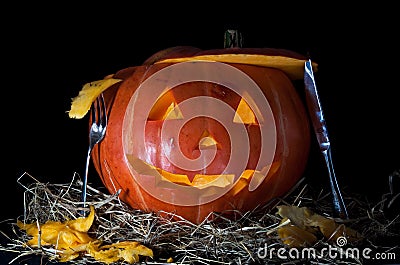 Halloween Pumpkin, inside lit by light, creepy loo Stock Photo