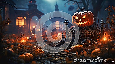 Halloween pumpkin, Jack O Lantern, outdoor decoration for Halloween celebration in haunted village Stock Photo