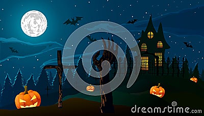 Halloween. Pumpkin Jack and the zombies hand on background of the old house, cemetery and full moon. Cartoon Illustration